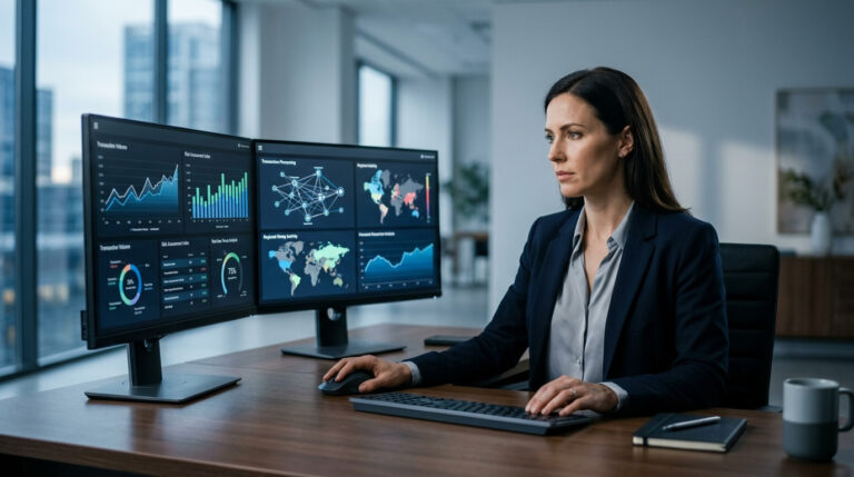 Mulher profissional em escritório moderno analisando dashboards e dados de transações em múltiplos monitores, ilustrando a vigilância e análise essencial para saber como evitar um chargeback.
