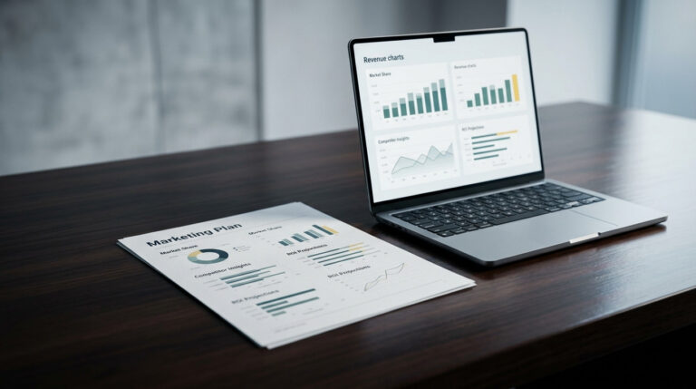 Imagem gerada por IA de laptop e documento impressos com gráficos e dados, ferramentas visuais para realizar a análise da concorrência em um plano de marketing.