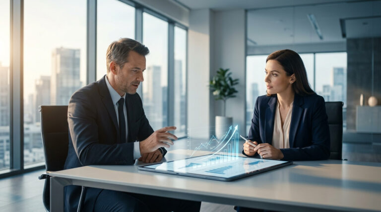 Imagem gerada por IA de dois executivos realizando análise de mercado e concorrência detalhada, visualizando gráficos de crescimento em uma tela interativa durante uma reunião estratégica.