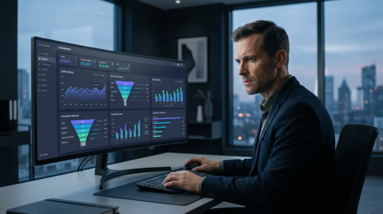 Imagem gerada por IA de homem de negócios concentrado, fazendo análise de tráfego de sites em um monitor com dashboards, gráficos e funis de conversão em um escritório moderno.