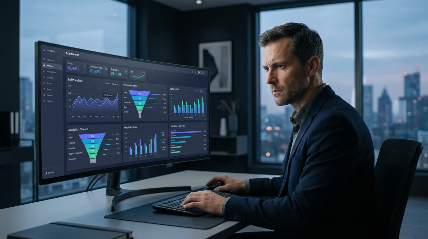 Imagem gerada por IA de homem de negócios concentrado, fazendo análise de tráfego de sites em um monitor com dashboards, gráficos e funis de conversão em um escritório moderno.