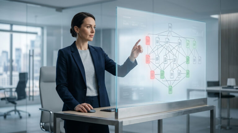 Mulher de negócios em um escritório moderno analisando um diagrama digital com nós em vermelho e verde em uma tela transparente, ilustrando a tomada de decisões estratégicas para o content pruning eficaz.