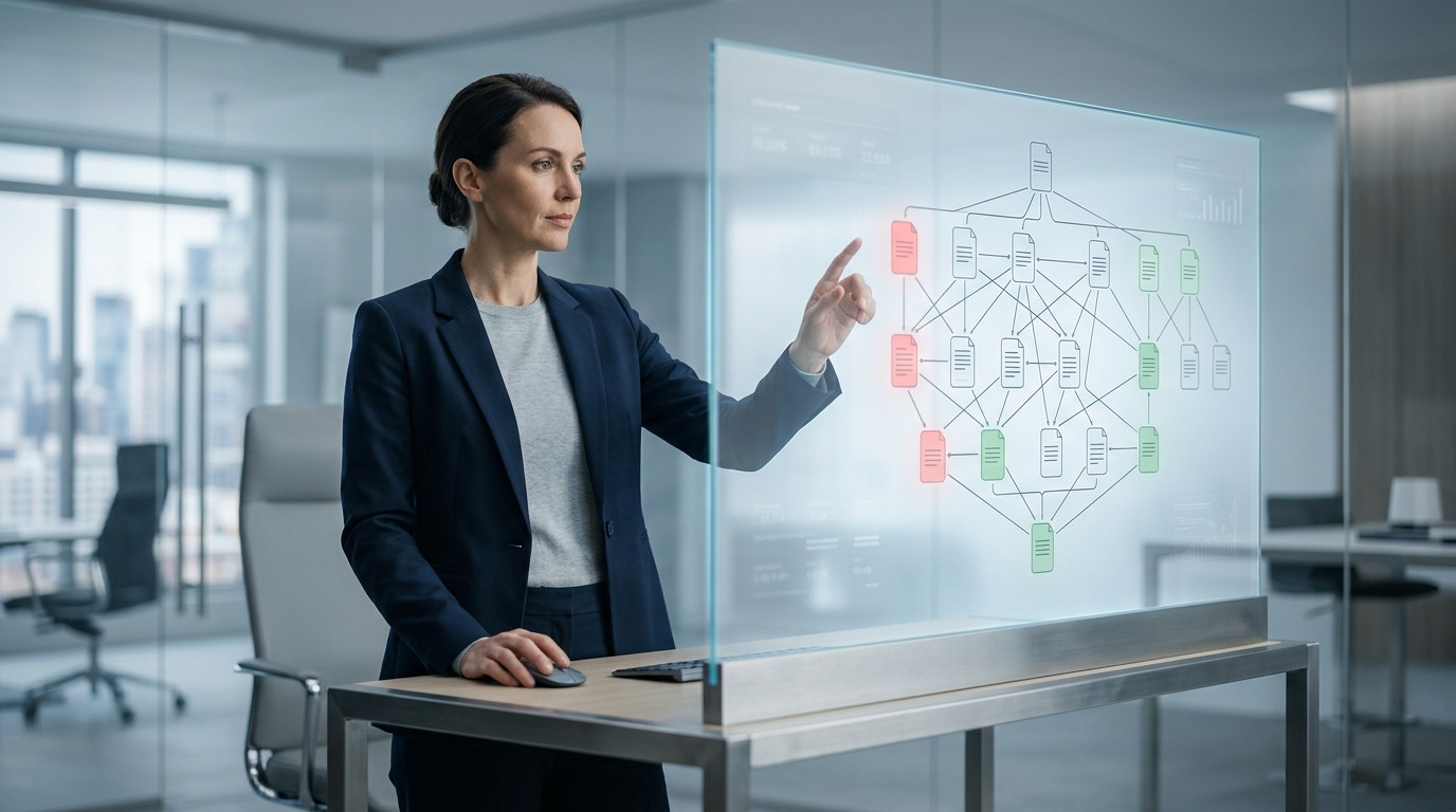Mulher de negócios em um escritório moderno analisando um diagrama digital com nós em vermelho e verde em uma tela transparente, ilustrando a tomada de decisões estratégicas para o content pruning eficaz.