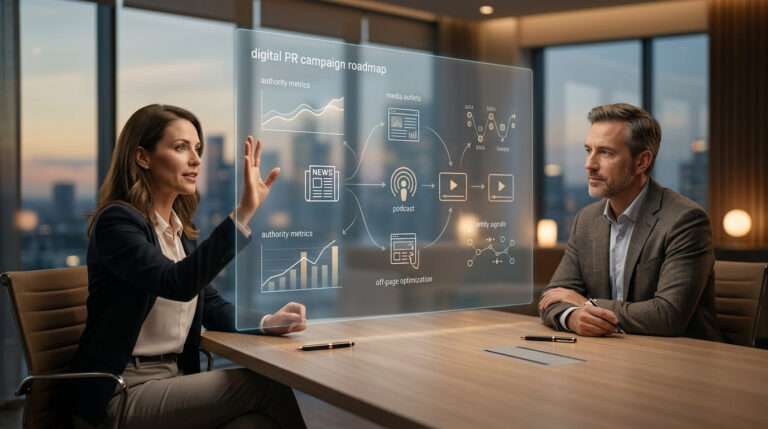 Especialistas em marketing digital discutindo estratégias de off page optimization usando uma projeção holográfica de dados e fluxogramas em uma reunião.
