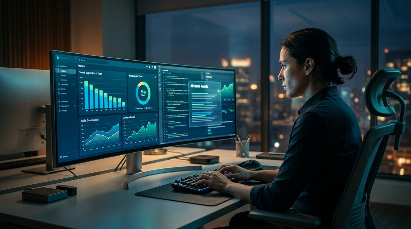 Profissional analisando dados e gráficos de desempenho em monitores duplos em um ambiente de escritório noturno, focado em estratégias de como fazer SEO no Bing para otimização de busca.