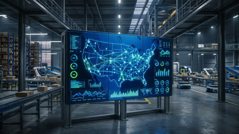 Grande tela digital em um centro de logística de e-commerce mostrando um mapa de distribuição dos EUA com dados de rede e gráficos, ilustrando como funciona a integração omnichannel no e-commerce para uma gestão eficiente da cadeia de suprimentos e experiência do cliente.