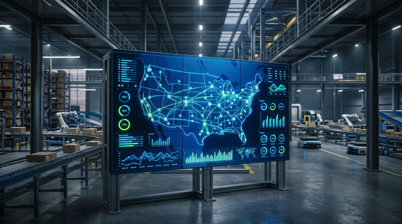 Grande tela digital em um centro de logística de e-commerce mostrando um mapa de distribuição dos EUA com dados de rede e gráficos, ilustrando como funciona a integração omnichannel no e-commerce para uma gestão eficiente da cadeia de suprimentos e experiência do cliente.