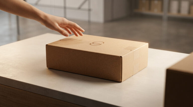 Mão de cliente se preparando para o unboxing de uma embalagem de e-commerce, um momento chave para como melhorar a experiência de compra dos clientes do e-commerce.