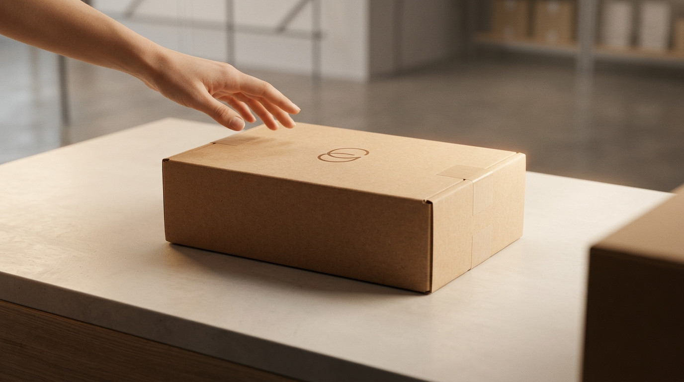 Mão de cliente se preparando para o unboxing de uma embalagem de e-commerce, um momento chave para como melhorar a experiência de compra dos clientes do e-commerce.