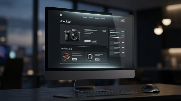 Monitor de computador exibindo uma página de checkout de e-commerce, mostrando como montar uma proposta de cross-selling eficaz com uma câmera e produtos complementares, como alça e lente.