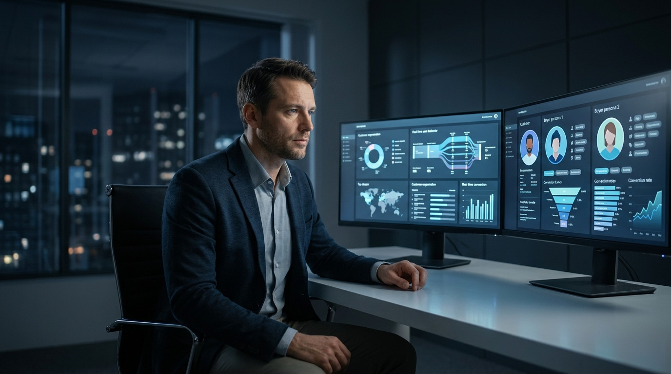 Como personalizar a experiência de compra no e-commerce: homem analisando dados de clientes em dashboards e gráficos de e-commerce.