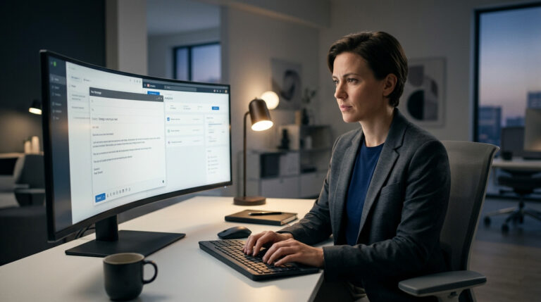 Mulher profissional no escritório usando computador para realizar prospecção eficaz para link building, digitando e analisando informações em uma tela grande e curva.