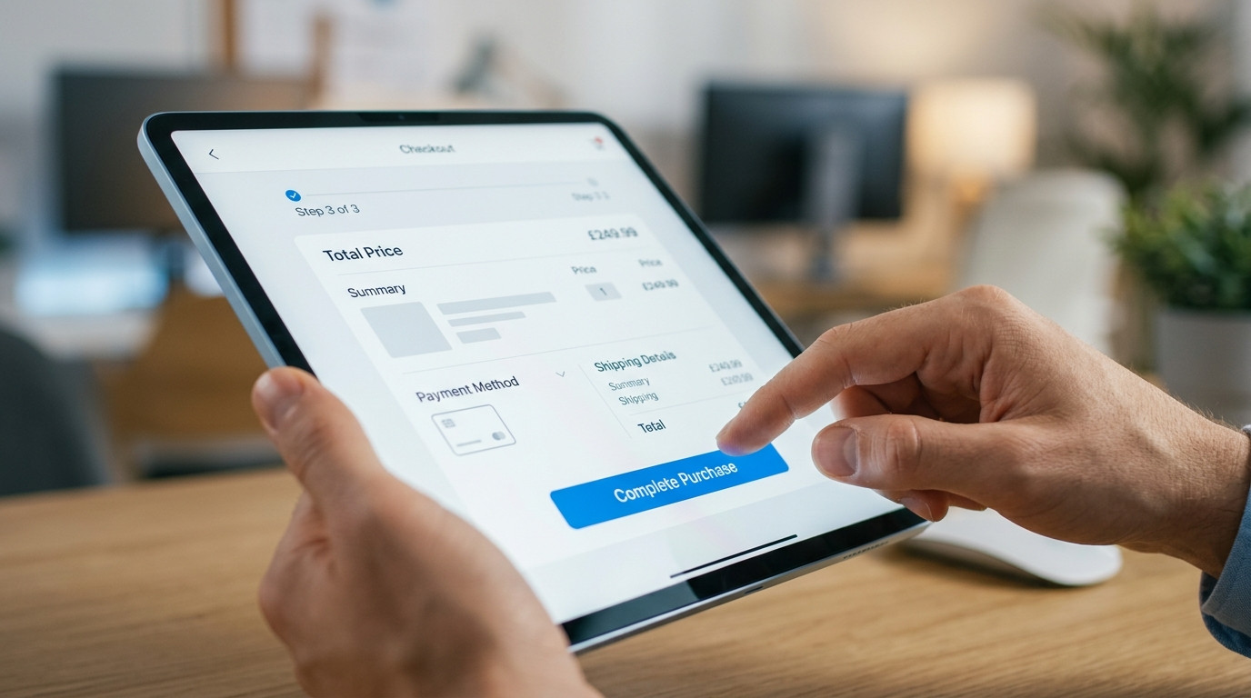 Mãos de uma pessoa finalizando uma compra em um tablet com o botão 'Complete Purchase' visível, ilustrando como reduzir o abandono de carrinho de compras no e-commerce.