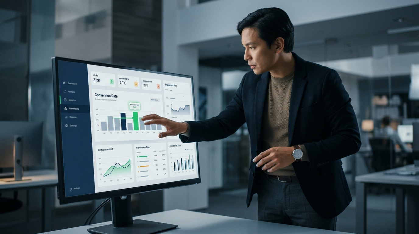 Homem de negócios analisando dashboards de e-mail marketing em um monitor, visualizando métricas importantes para saber quantas pessoas leram meu e-mail marketing.