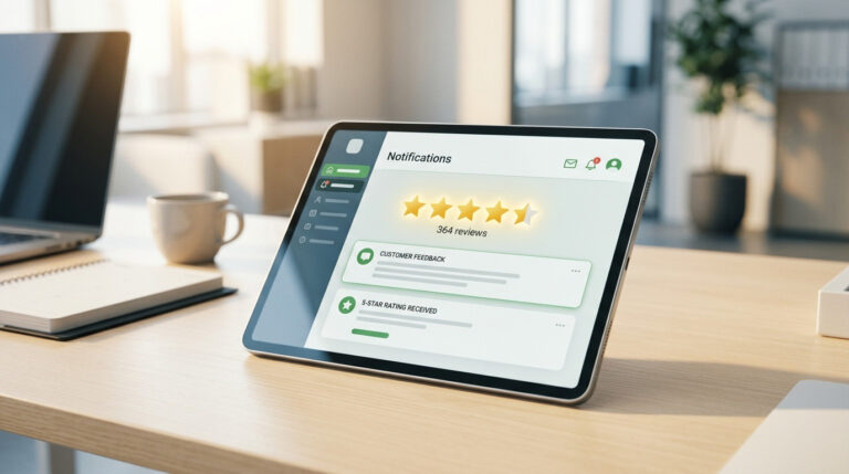 Tablet em mesa de escritório exibindo um painel de avaliações de clientes com 5 estrelas, ilustrando o sucesso de como solicitar avaliação de clientes.