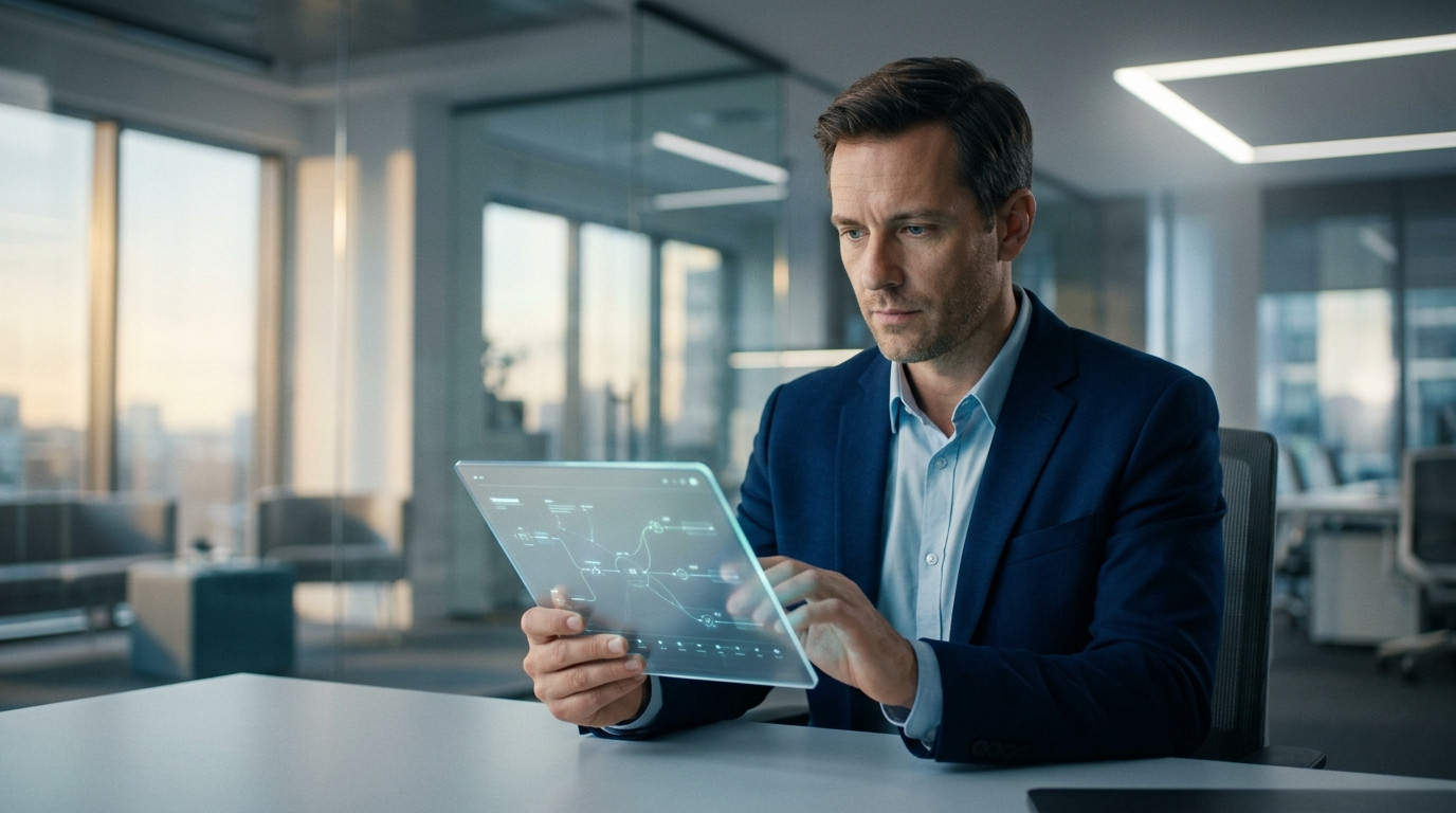 Homem de negócios analisando dados em um tablet futurista, exemplificando como usar llms.txt para otimizar o ecommerce.