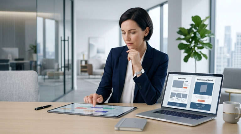 Mulher profissional em um escritório moderno usa tablet e laptop para desenvolver e gerenciar o que é e-mail marketing, newsletter e emails promocionais.