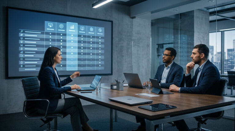 Profissionais de marketing em reunião, analisando comparativos em uma tela grande para escolher qual a melhor ferramenta de e-mail marketing.