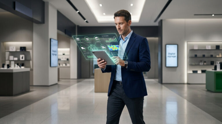 Homem em um ambiente de varejo moderno usando um tablet com interface holográfica de dados, ilustrando a integração tecnológica essencial para entender qual a relação entre omnichannel e e-commerce.