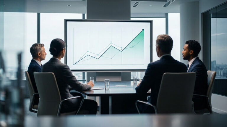 Executivos em reunião analisando um gráfico de crescimento, ilustrando a importância do ux para o sucesso do seu negócio e a tomada de decisões estratégicas.