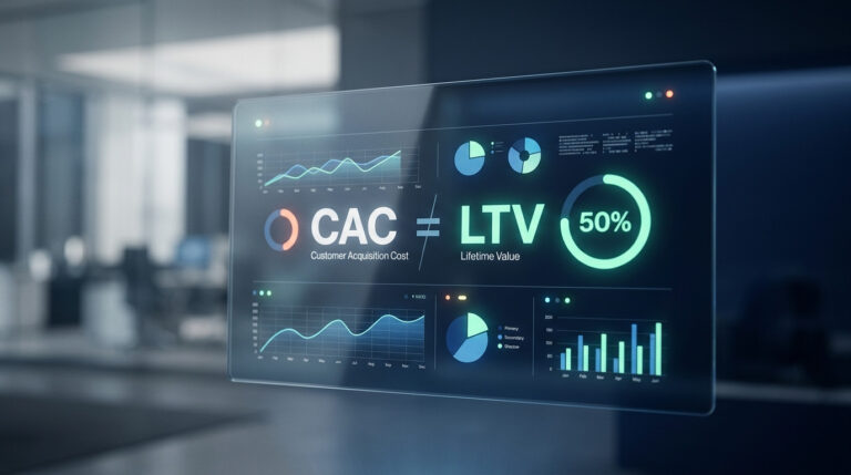 Tela holográfica moderna exibindo gráficos de Customer Acquisition Cost (CAC) e Lifetime Value (LTV), essenciais para calcular e entender qual o CAC médio de um e-commerce e otimizar o desempenho.