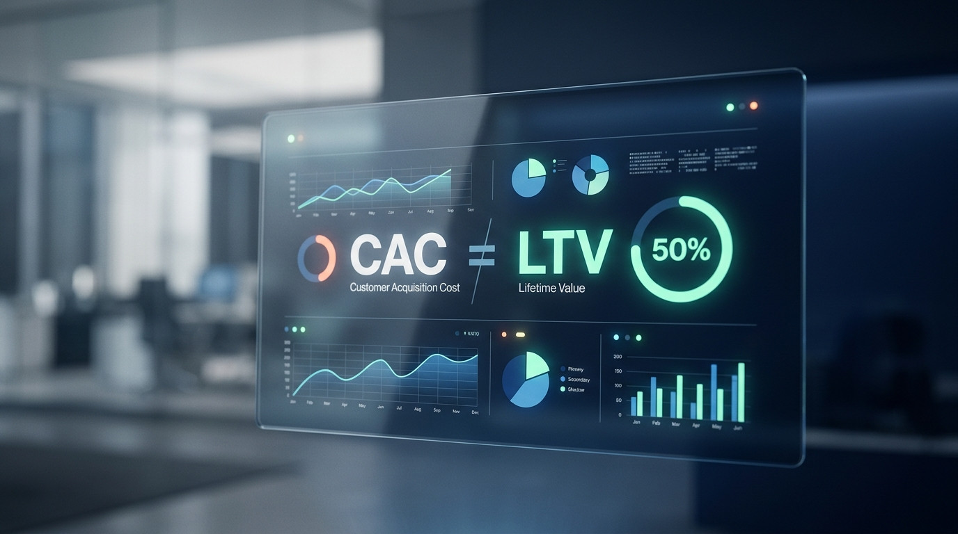 Tela holográfica moderna exibindo gráficos de Customer Acquisition Cost (CAC) e Lifetime Value (LTV), essenciais para calcular e entender qual o CAC médio de um e-commerce e otimizar o desempenho.