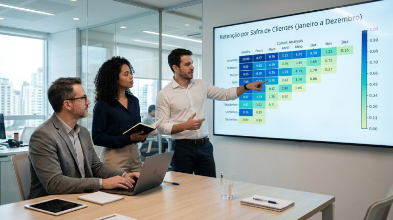 Profissionais de e-commerce em uma sala de reunião analisando um gráfico de retenção em formato de calor na tela, ilustrando de forma prática o conceito de análise de cohort, o que é e como identificar padrões de comportamento dos clientes.