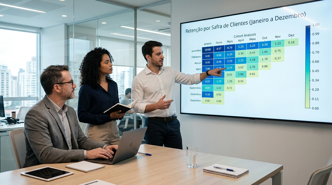 Profissionais de e-commerce em uma sala de reunião analisando um gráfico de retenção em formato de calor na tela, ilustrando de forma prática o conceito de análise de cohort, o que é e como identificar padrões de comportamento dos clientes.