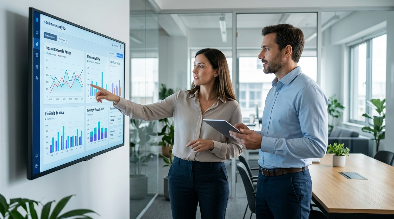Mulher e homem em escritório analisando gráficos de KPIs em uma grande tela digital, exemplificando como analisar o retorno sobre investimento em marketing de e-commerce.