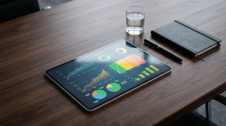 Tablet exibindo gráficos de desempenho sobre mesa de madeira ao lado de caderno e caneta, representando a análise de dados de como aplicar a curva ABC no estoque.