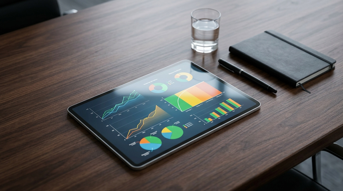Tablet exibindo gráficos de desempenho sobre mesa de madeira ao lado de caderno e caneta, representando a análise de dados de como aplicar a curva ABC no estoque.