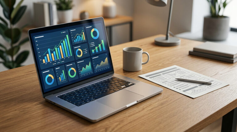Notebook aberto em uma mesa de madeira exibindo gráficos de métricas e relatórios de anúncios digitais, ideal para ilustrar o processo de como calcular custo por mil impressões.