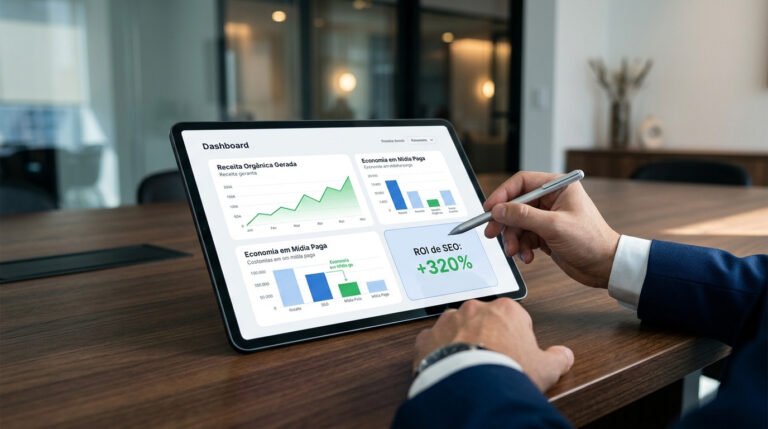 Imagem de um profissional de terno analisa gráficos de crescimento e métricas em um tablet, ilustrando como calcular o retorno financeiro de um projeto de SEO.