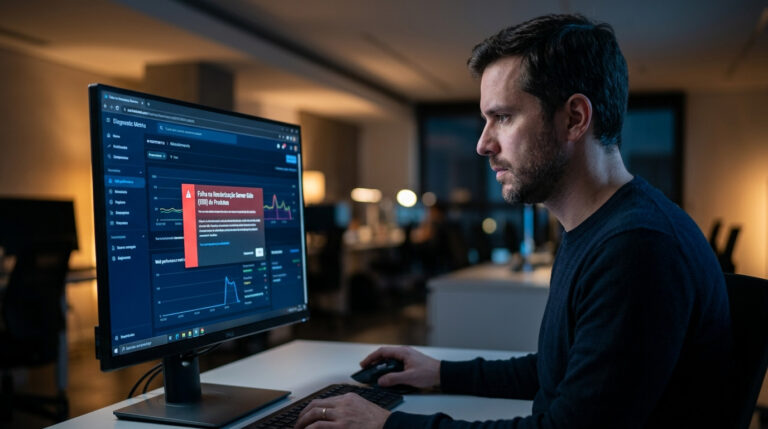 Profissional de tecnologia analisa métricas de desempenho em um monitor de computador, exemplificando o processo de como criar uma estratégia de API para melhorar a performance do e-commerce.