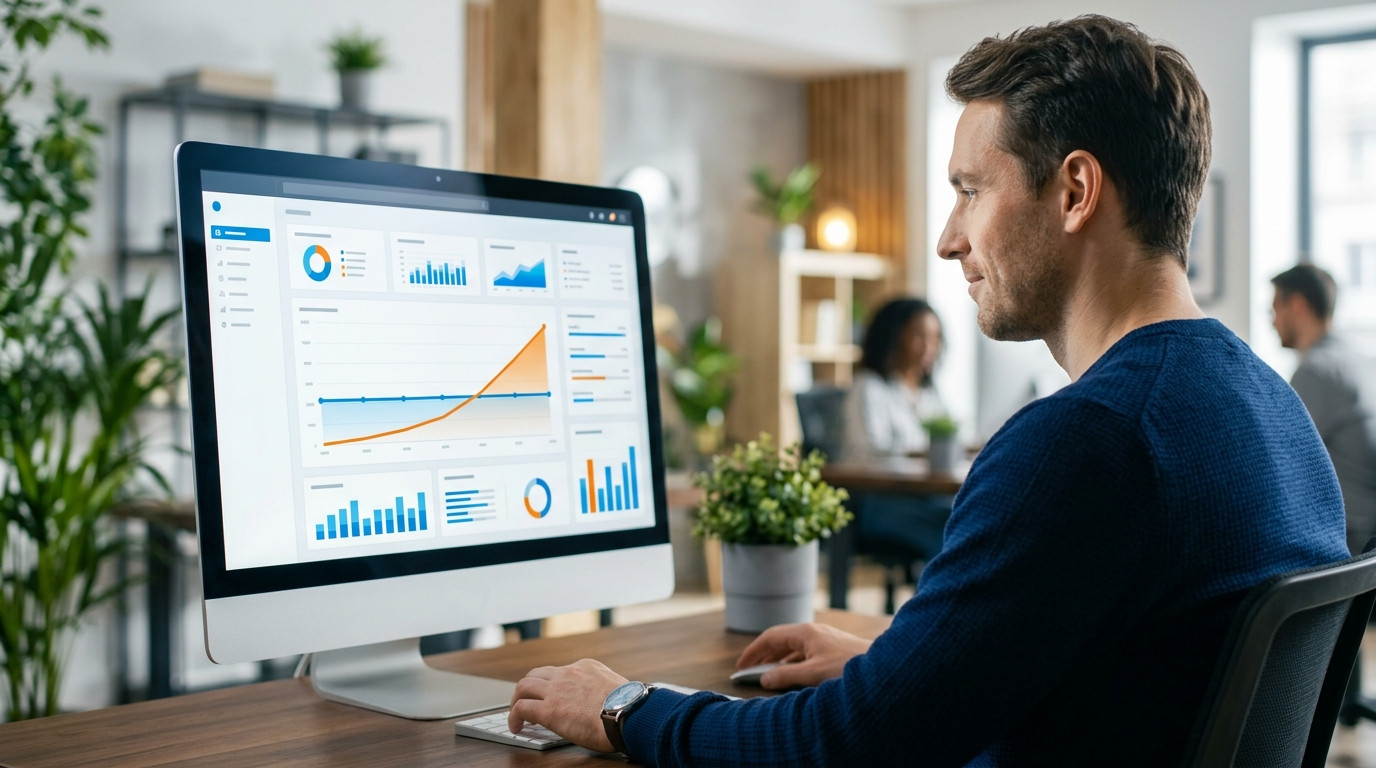 Homem analisando gráficos de métricas e vendas em tela de computador no escritório, representando o processo de como estruturar um funil de vendas em alta conversão para e-commerce.