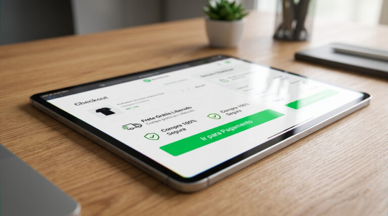 Tablet sobre mesa de madeira exibindo tela de checkout de e-commerce, representando a análise de transações necessária para planejar como fazer forecast de vendas.