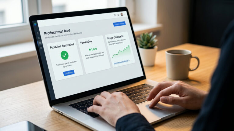Notebook aberto em cima de uma mesa de madeira, exibindo um painel com métricas de vendas e feed de produtos, exemplificando como funciona o Google Merchant Center para e-commerce.