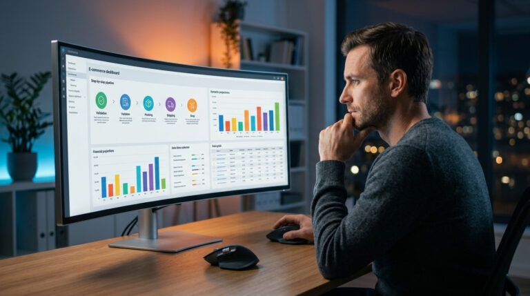 Homem analisando gráficos e métricas de vendas em um monitor ultrawide, ilustrando o monitoramento de dados para entender como funciona um pedido no e-commerce.