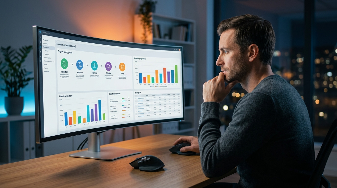 Homem analisando gráficos e métricas de vendas em um monitor ultrawide, ilustrando o monitoramento de dados para entender como funciona um pedido no e-commerce.