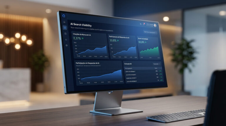 Monitor de computador exibindo um painel com gráficos de métricas em um escritório moderno, ilustrando o monitoramento da visibilidade do e-commerce no Google IA.