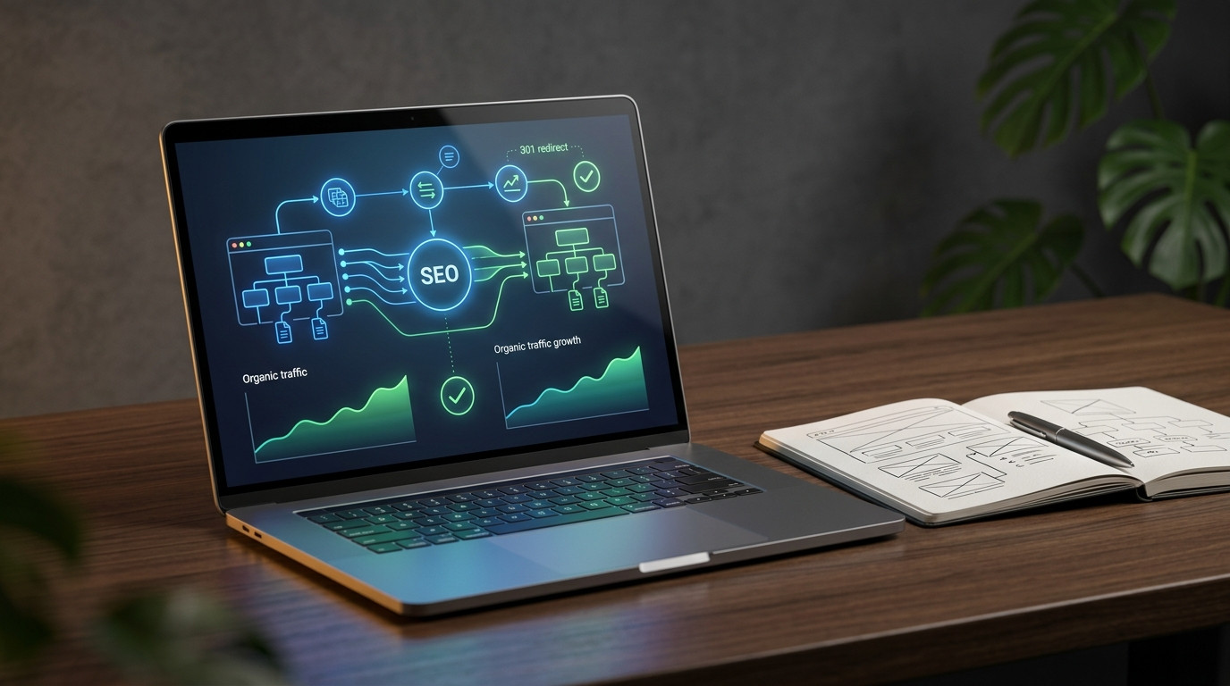Notebook aberto em mesa de madeira, exibindo gráficos de crescimento e diagramas de migração de SEO, ilustrando o planejamento de como proteger o tráfego orgânico durante alterações estruturais no site.
