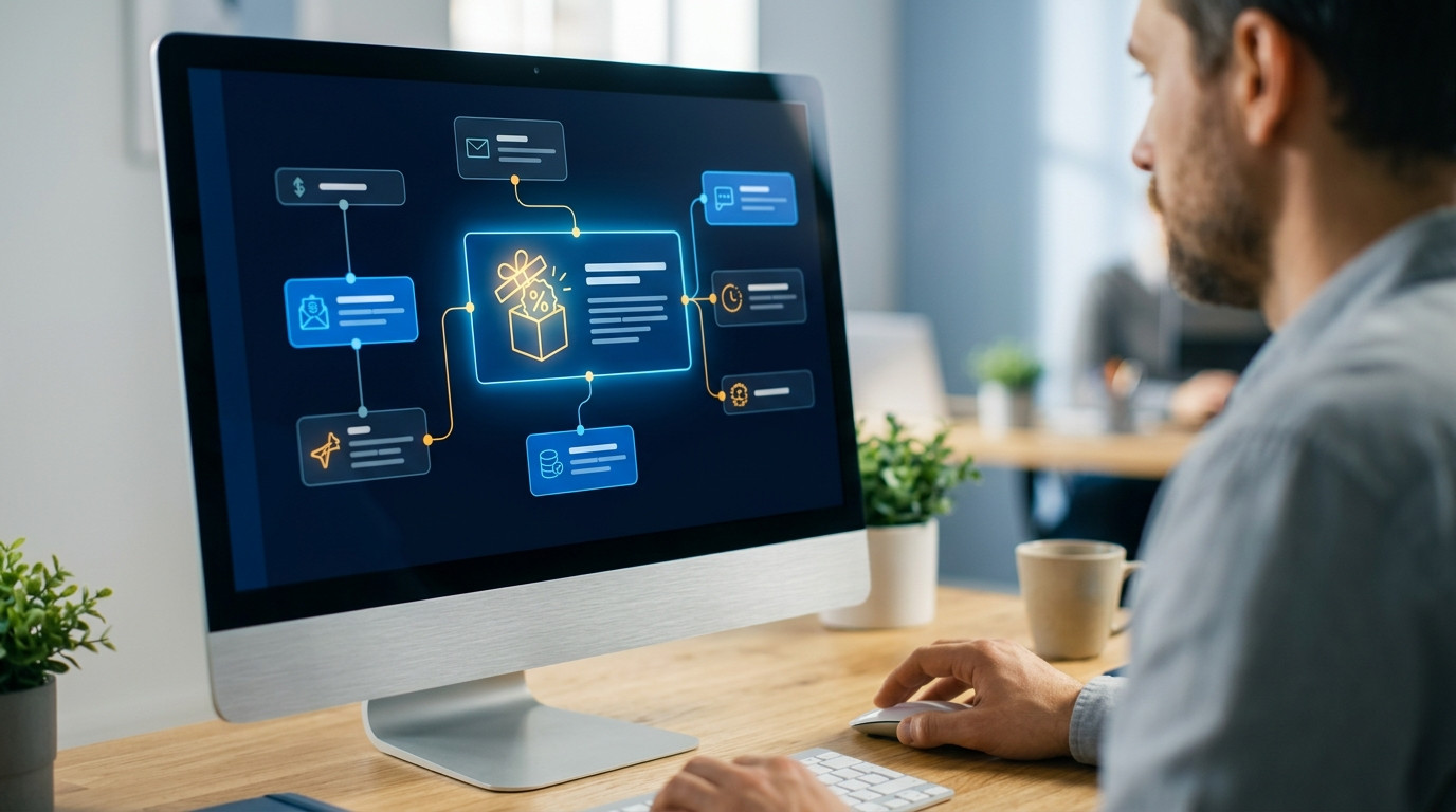 Profissional analisando um fluxo de automação na tela do computador para planejar campanhas sobre como recuperar clientes inativos.