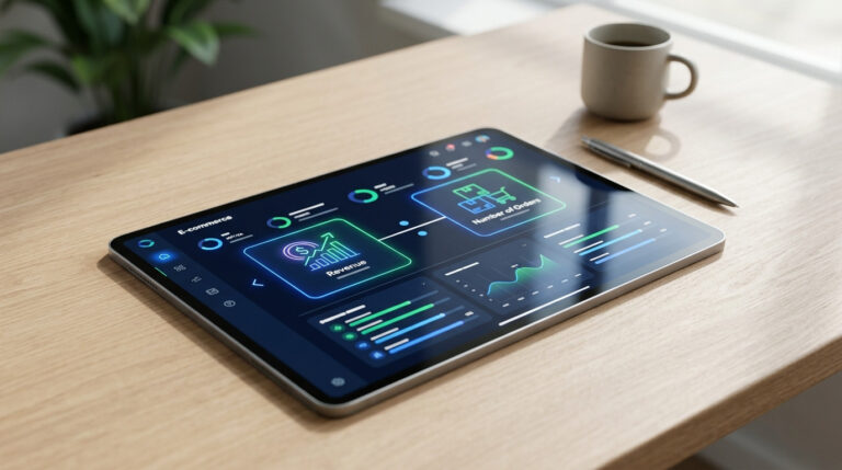 Tablet sobre mesa de madeira com painel de métricas financeiras e de vendas para monitoramento de e-commerce, ilustrando como se faz a conta do valor médio do pedido.