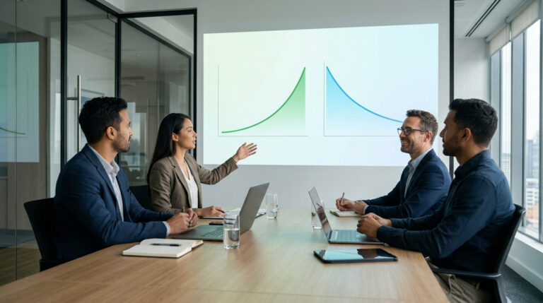 Imagem de profissionais em sala de reunião analisando gráficos de crescimento projetados na parede, ilustrando os resultados positivos e a importância da otimização de SEO para e-commerce.