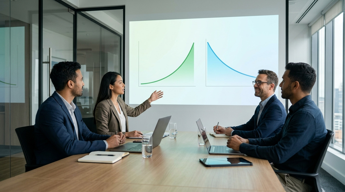 Imagem de profissionais em sala de reunião analisando gráficos de crescimento projetados na parede, ilustrando os resultados positivos e a importância da otimização de SEO para e-commerce.