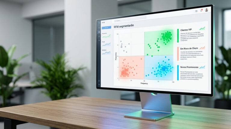 Monitor de computador em escritório exibindo um gráfico de segmentação em quadrantes coloridos, ilustrando de forma prática o que é análise RFM para identificar os clientes mais valiosos.