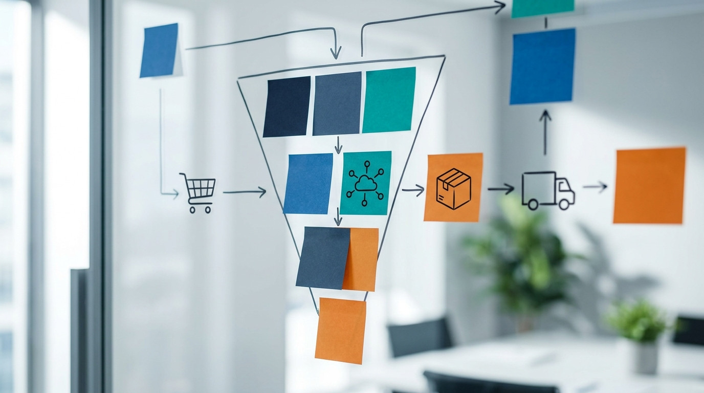 Fluxograma desenhado em vidro com post-its coloridos e ícones de entrega, ilustrando o que é OMS e-commerce e como funciona o gerenciamento e fluxo de pedidos de ponta a ponta.