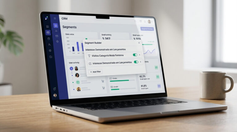 Notebook aberto sobre uma mesa de madeira exibindo na tela um painel com regras e filtros de segmentação comportamental e-mail marketing.