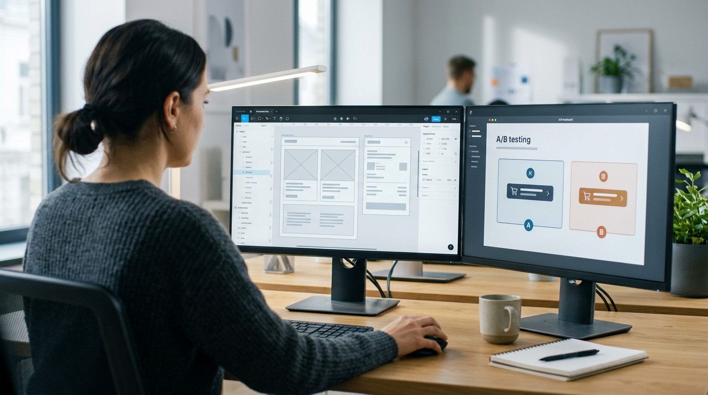 Profissional em escritório trabalhando em dois monitores para analisar relatórios de desempenho e planejar métricas e kpis para e commerce.