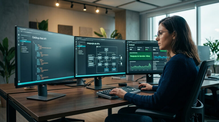 Profissional de tecnologia analisa dados e códigos de segurança da informação em três monitores, contextualizando quais os impactos da lgpd no e-commerce.
